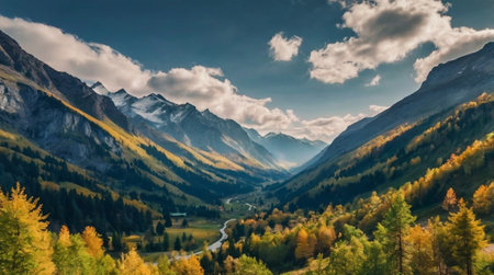 Panoramic view of the autumn alpine forest and mountains.の写真素材