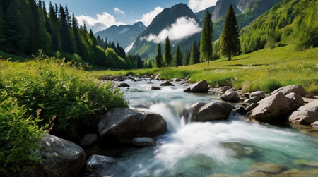 Mountain river in the summer. Mountain landscape with a mountain riverの写真素材