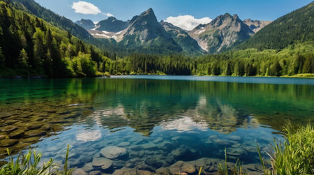 Panoramic view of turquoise alpine lake in mountains