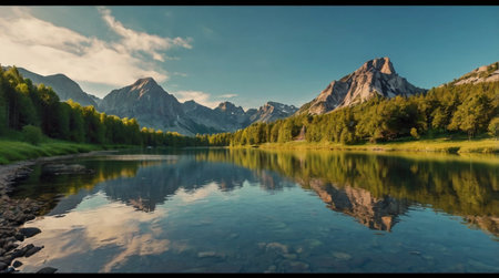 Beautiful landscape with lake and mountains. Panoramic view.