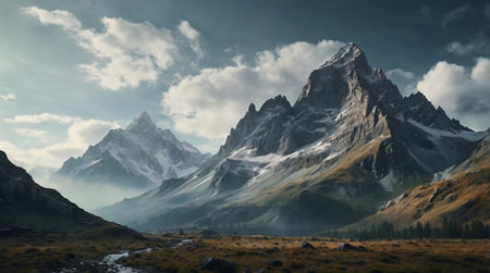 Mountain landscape with snow-capped peaks in the clouds.
