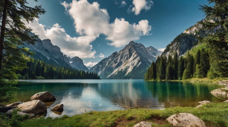 Panoramic view of beautiful alpine lake in Dolomites, Italy