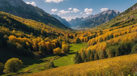 Panoramic view of autumnal alpine meadows and mountainsの写真素材