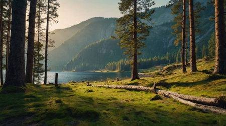 Panorama of the lake and forest in the mountains in summer.