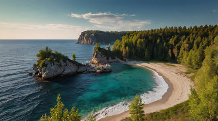 Beautiful panoramic aerial view of a sandy beach on the shores of Lake Baikalの写真素材