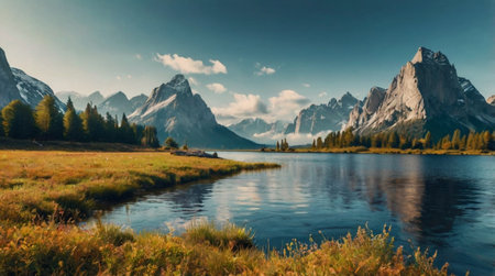 Panoramic view of famous Dolomites mountain lake in Italy