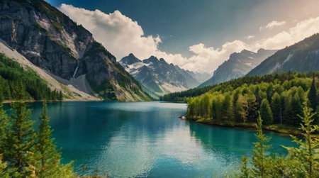 Beautiful mountain lake in the mountains. Panoramic view.