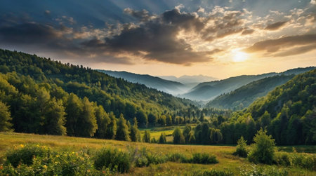 Mountain landscape with meadow and forest at sunset. Carpathian, Ukraine