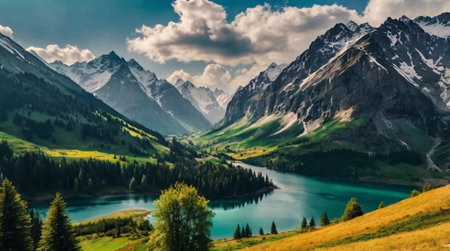 Panoramic view of the mountain lake in the Alpsの写真素材