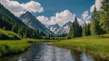 Panoramic view of the mountain river in the valley in summer