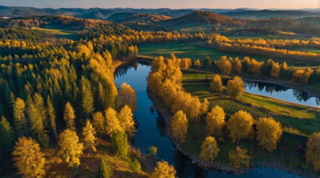 Aerial view of autumn forest and river. Beautiful nature landscape.の写真素材