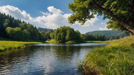 Panoramic view of the river and the forest in summer.