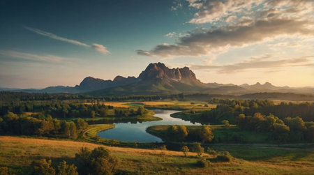 Beautiful summer landscape with mountain lake and forest in the evening.の写真素材