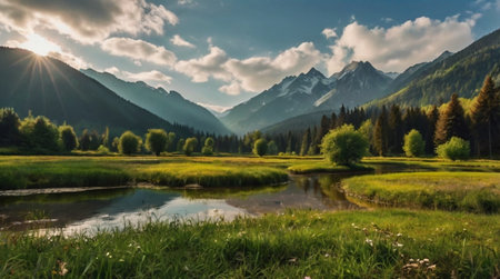 Panoramic view of a mountain lake in the middle of a green meadow