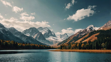 Panoramic view of autumn alpine lake and snowy mountains.の写真素材