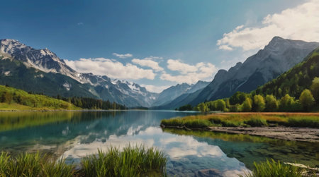 panoramic view of alpine lake and mountains with reflection in water