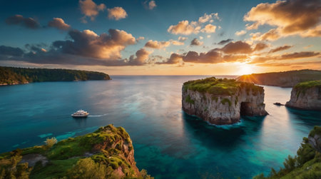 Panoramic view of a beautiful sunset over the sea and islandsの写真素材