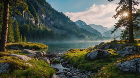 Panoramic view of alpine lake in Austrian Alps at sunset