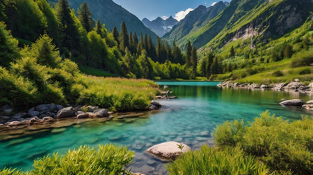 Beautiful turquoise lake in the mountains. Summer landscape.