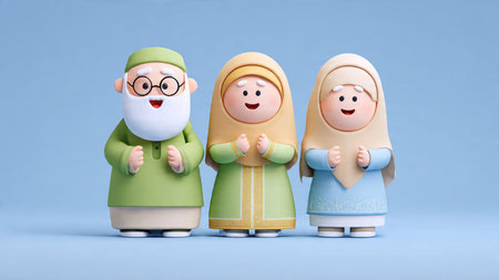 Ceramic figurine of muslim family isolated on blue background