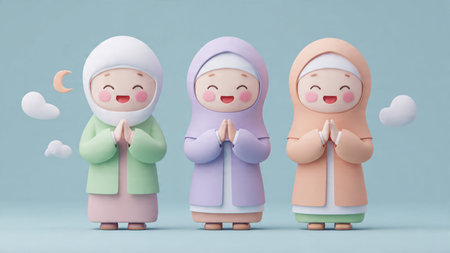 cute muslim girls praying in the blue background. 3d rendering