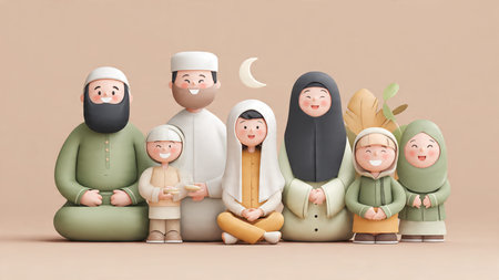 3D rendered Illustration of a Muslim family sitting in a row