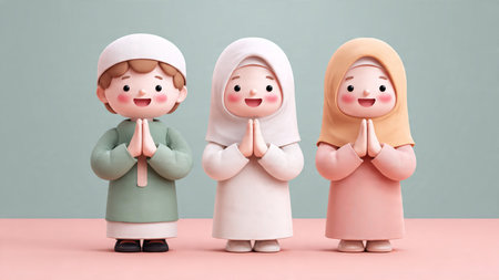 cute muslim family praying with copy space on pastel background