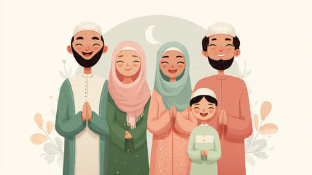 Muslim family with kids. Happy muslim family. Vector illustration.