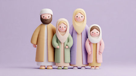 3d illustration of muslim family standing in front of purple background