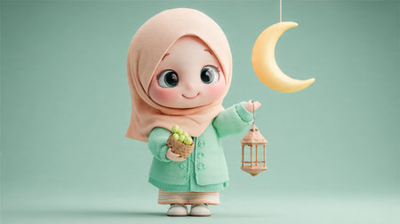 Cute muslim girl with moon and lantern. Ramadan Kareem concept.