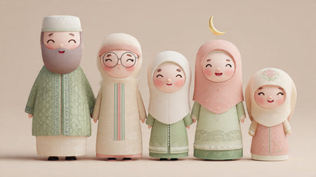 Muslim family figurines with a crescent moon on beige background.