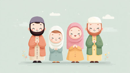 Cute muslim family praying together. Muslim family vector illustration.の写真素材