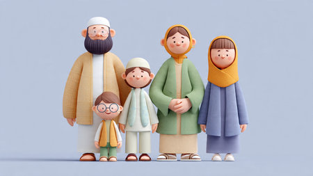 3d rendering of a muslim family standing together isolated on grey background