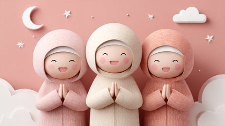 Cute muslim family with praying hands on pink background, top viewの写真素材