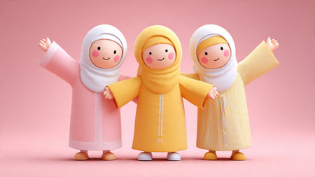 Muslim family wearing hijab on pink background. Concept of Muslim family.
