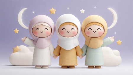 cute muslim family with moon and star, 3d rendering