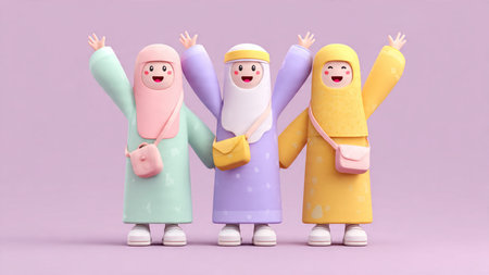 3d illustration of a group of muslim women in traditional clothes standing with raised hands