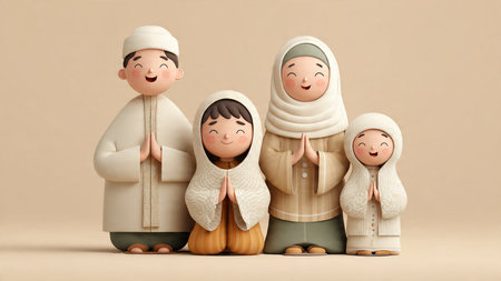 3d rendering of a muslim family on a brown background.