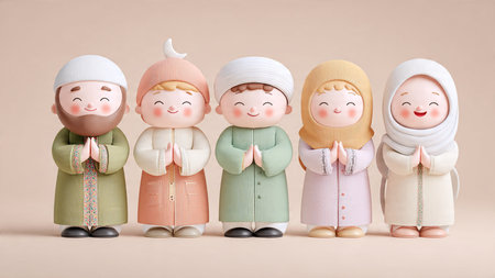 Cute little muslim family with praying hands, eid mubarak conceptの写真素材