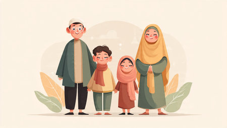 Muslim family. Happy muslim family standing together. Vector illustration.の写真素材