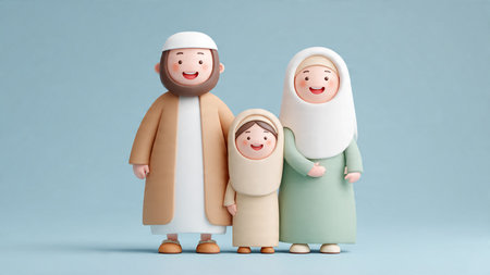3d illustration of a muslim family with a baby on blue background