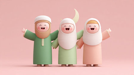 3d illustration of a muslim family standing together with happy face