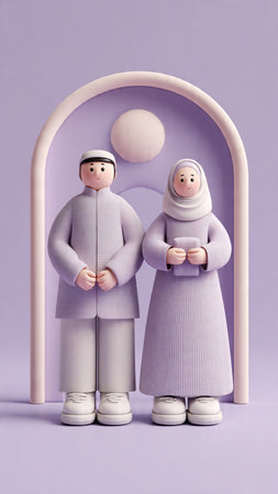 Muslim couple in traditional clothes standing in front of the arch on violet background