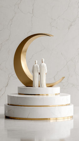 crescent moon and family on white marble podium. 3d renderingの写真素材