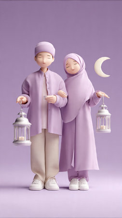 Hijab couple with lantern and crescent moon on purple background