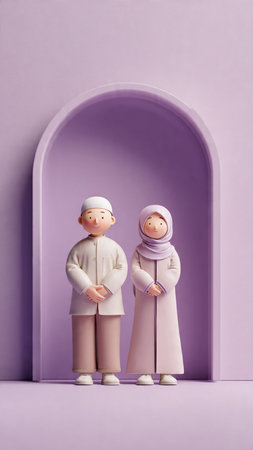 Muslim couple figurines in front of a purple arabic arch