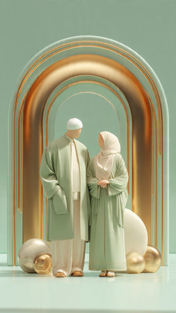 3d rendering of a muslim couple standing in front of the arch