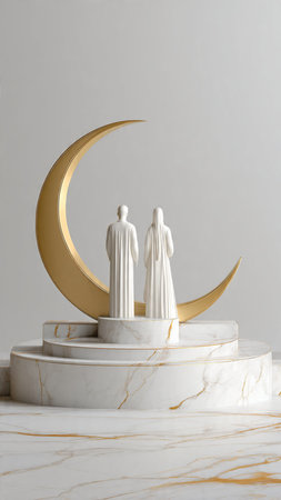 Crescent moon with man and womanle podium, 3d renderの写真素材