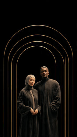 African american muslim couple looking at camera while standing in arch