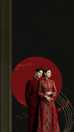 chinese couple in traditional cheongsam on black background with red circleの写真素材